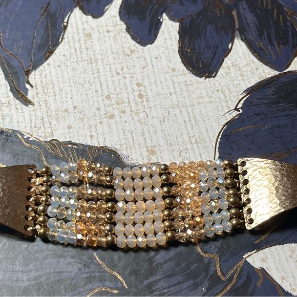 Estate Gold Metal and Gold White & Cream Sparkling Wide Beaded Bracelet D3 - Picture 3 of 12